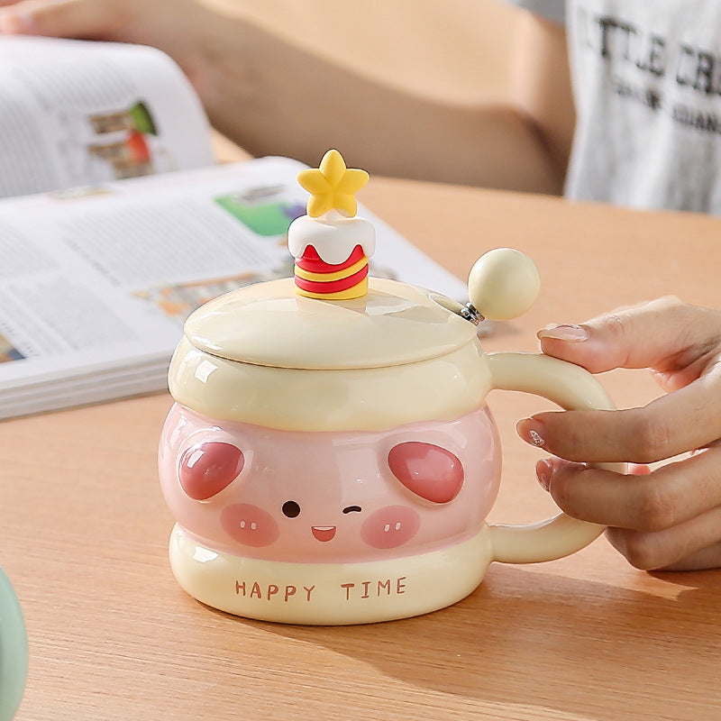 New cartoon cute pet high-value ceramic mug with lid, color glaze craftsmanship, for home and office use - wholesale