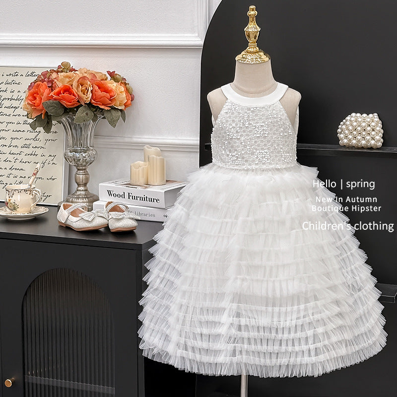 Girls' dress  summer high-end bowknot open-back tiered cake dress birthday gown