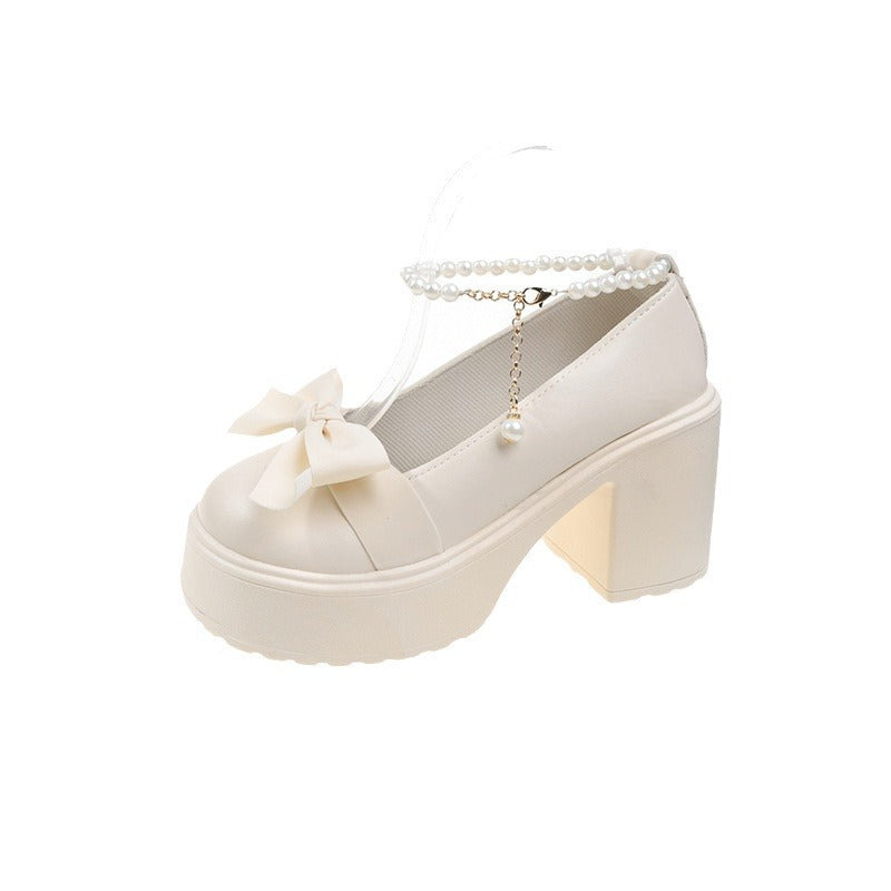 2025 spring new korean style bowknot low-cut pearl ankle strap chunky heel round toe mary jane leather shoes for women