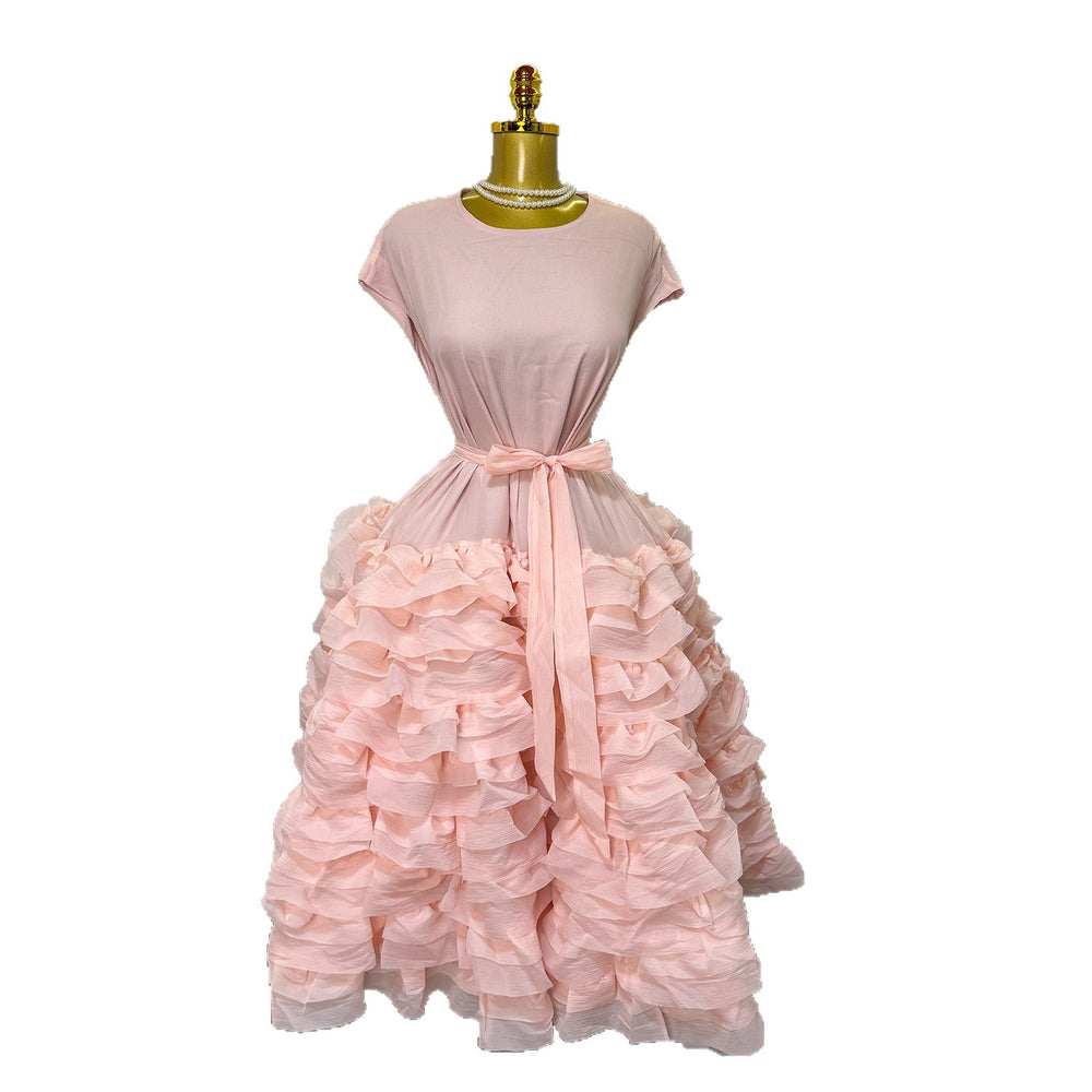 spring/summer new arrival: elegant solid color round neck sleeveless dress - loose fit, tie-waist, multi-layered ruffle maxi dress