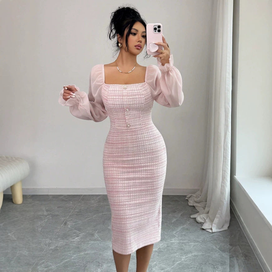 chanel-inspired dress for women, new autumn collection, high-end knitted patchwork, slimming and figure-flattering dress