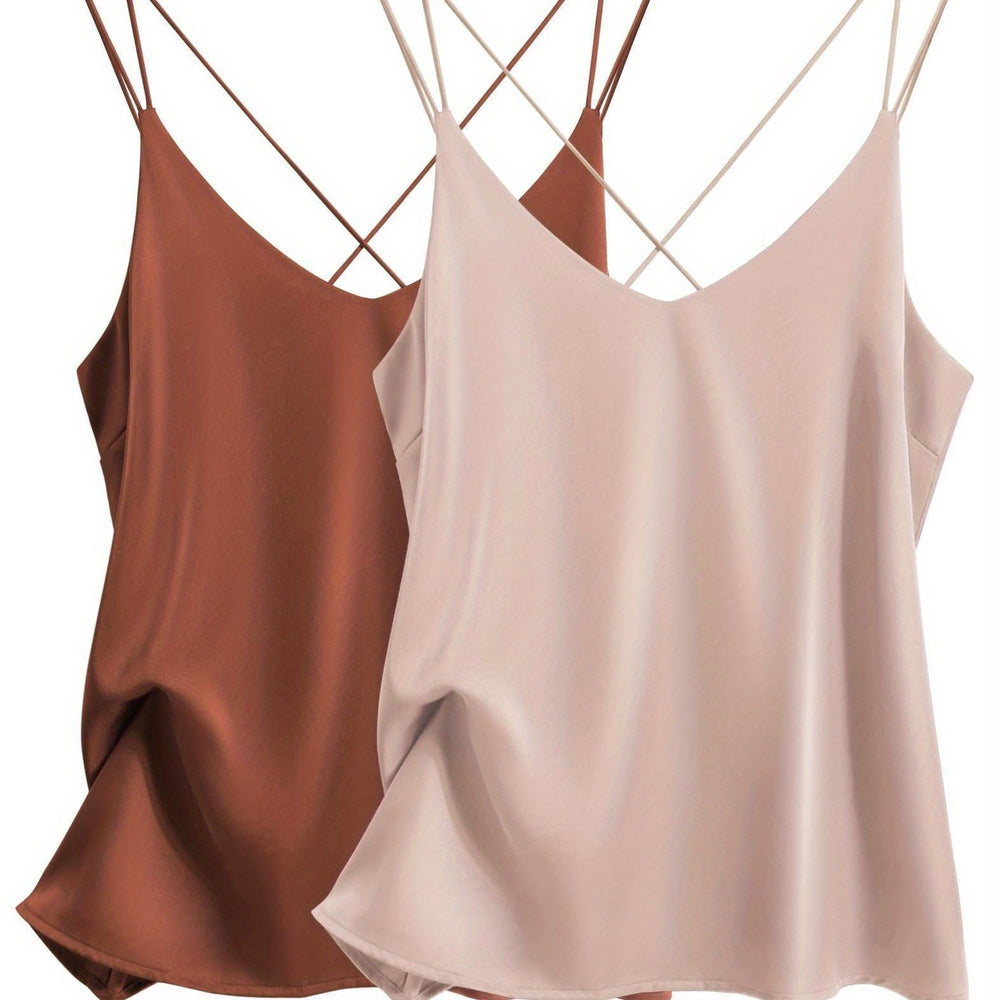 2 pack women's satin camisole v neck cross back sleeves