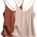 2 pack women's satin camisole v neck cross back sleeves