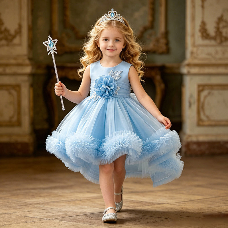 Baby girl's first birthday party dress, featuring a train, high-low hem, perfect for flower girls and princesses. cross-border, european and american style