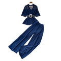 Lightly mature style, age-reducing and lazy feeling two-piece set women's summerstuds decorative waist topshigh waistloose pantssuit