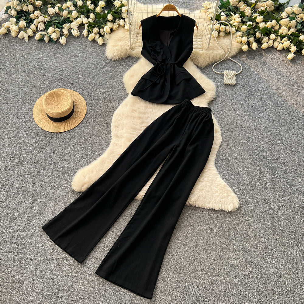 Lightly mature elegance style strappy eleganttwo-piece set women's summer age-reducing work clothing suit collar loose pantseasiest for matchsuit