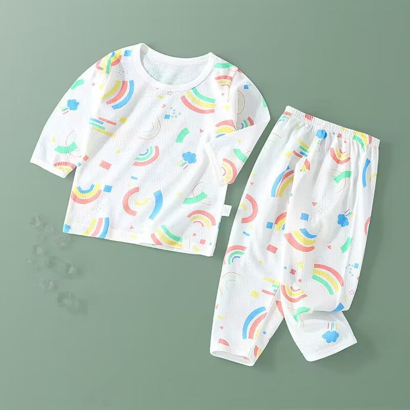 Baby underwear set summer thin pure cotton unisex baby mesh air conditioning suit pajamas infant round neck set