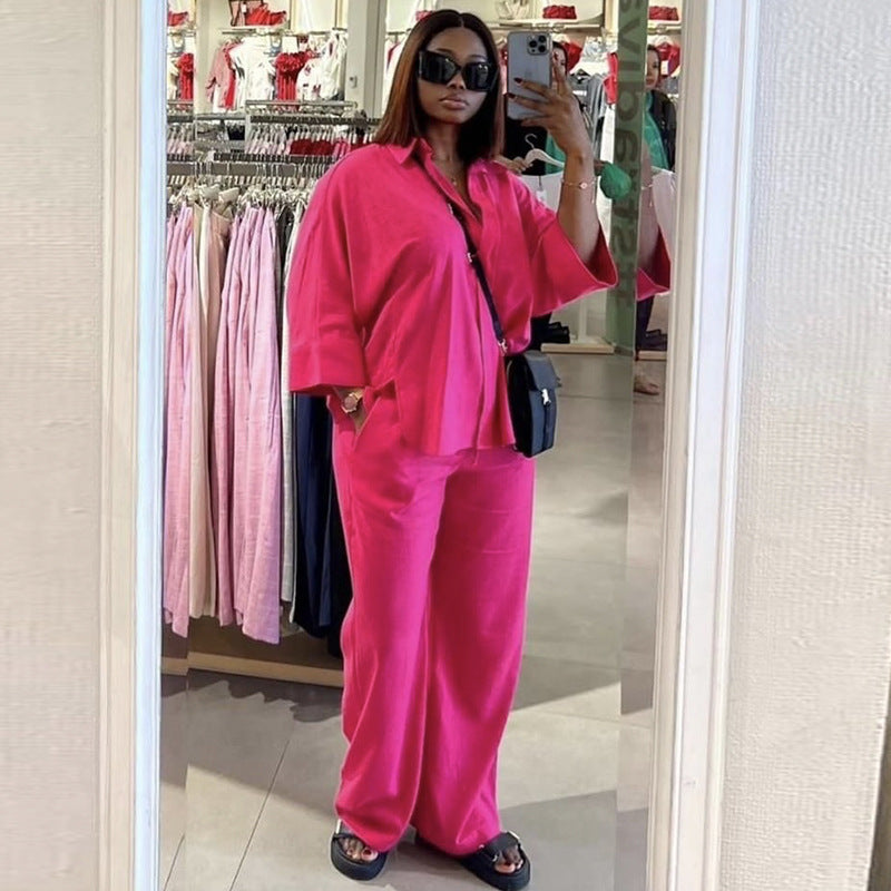 European and american cross-border african women's clothing  spring/summer new fashion solid color turn-down collar loose shirt high-waisted pants set