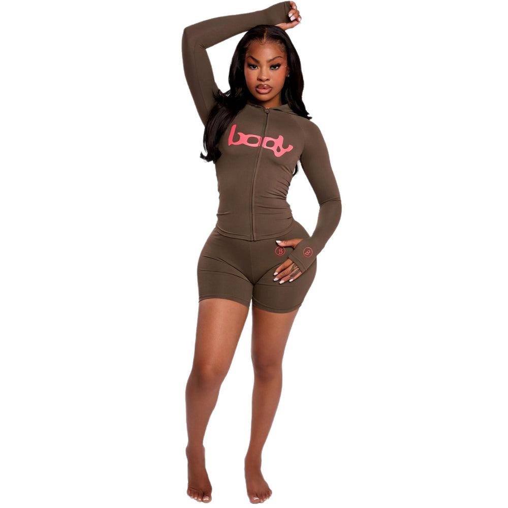 New ins trendy printed sporty stretch zip-up hoodie and shorts two-piece set for women
