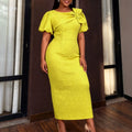 women's elegant bubble sleeve jacquard dress - bow detail, ruched waist, bodycon, evening gown