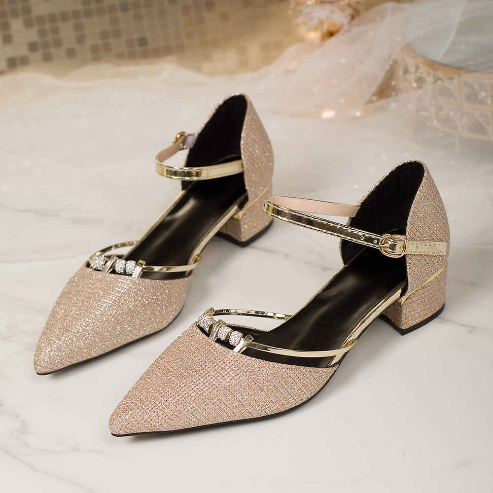 2026new arrivalaccessible luxury rhinestone pointed thick heel sandals women's eleganteasiest for matchtie back high heels pointed toe