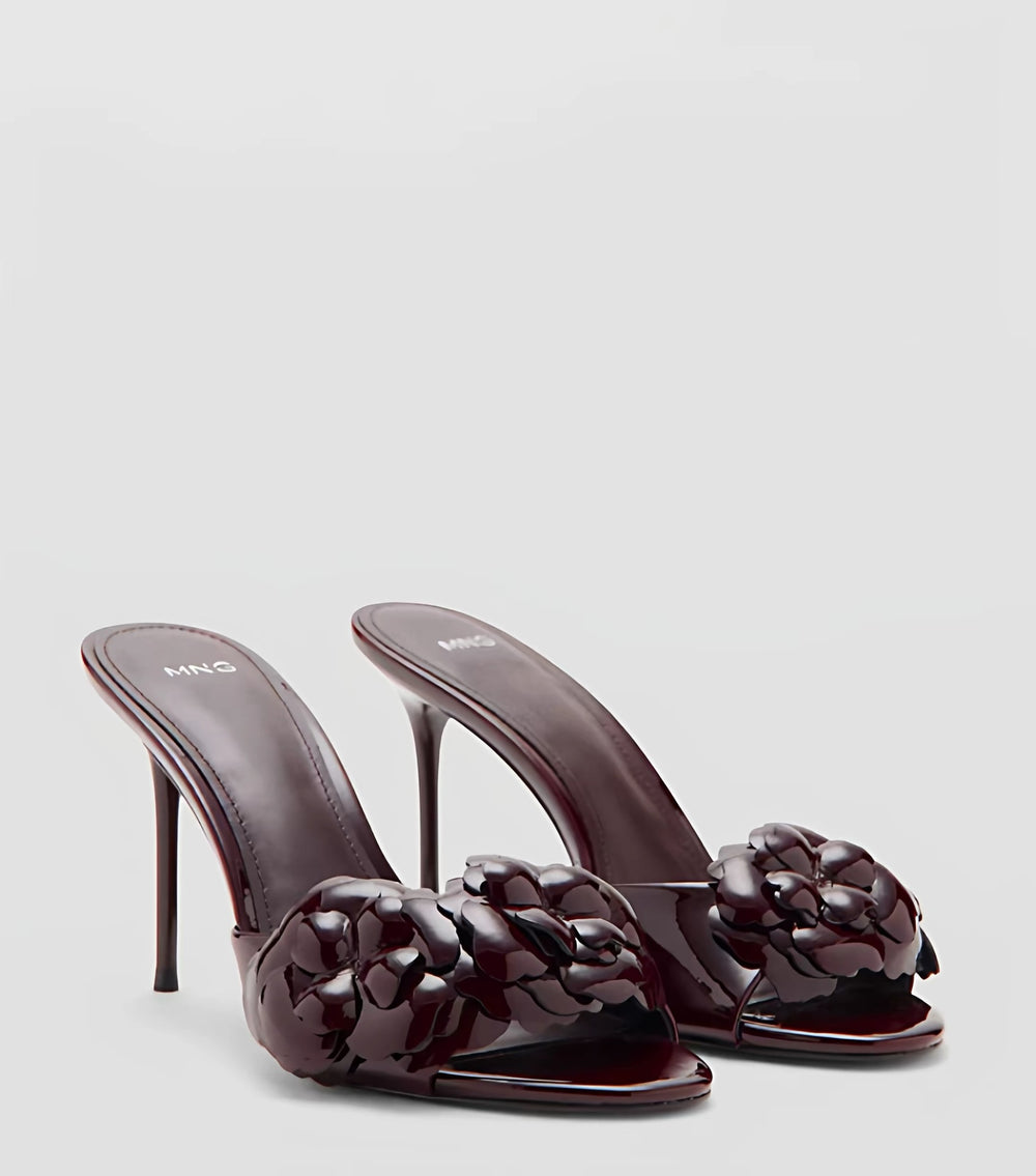 Mng mango women's chocolate brown patent leather heeled sandals with floral detail