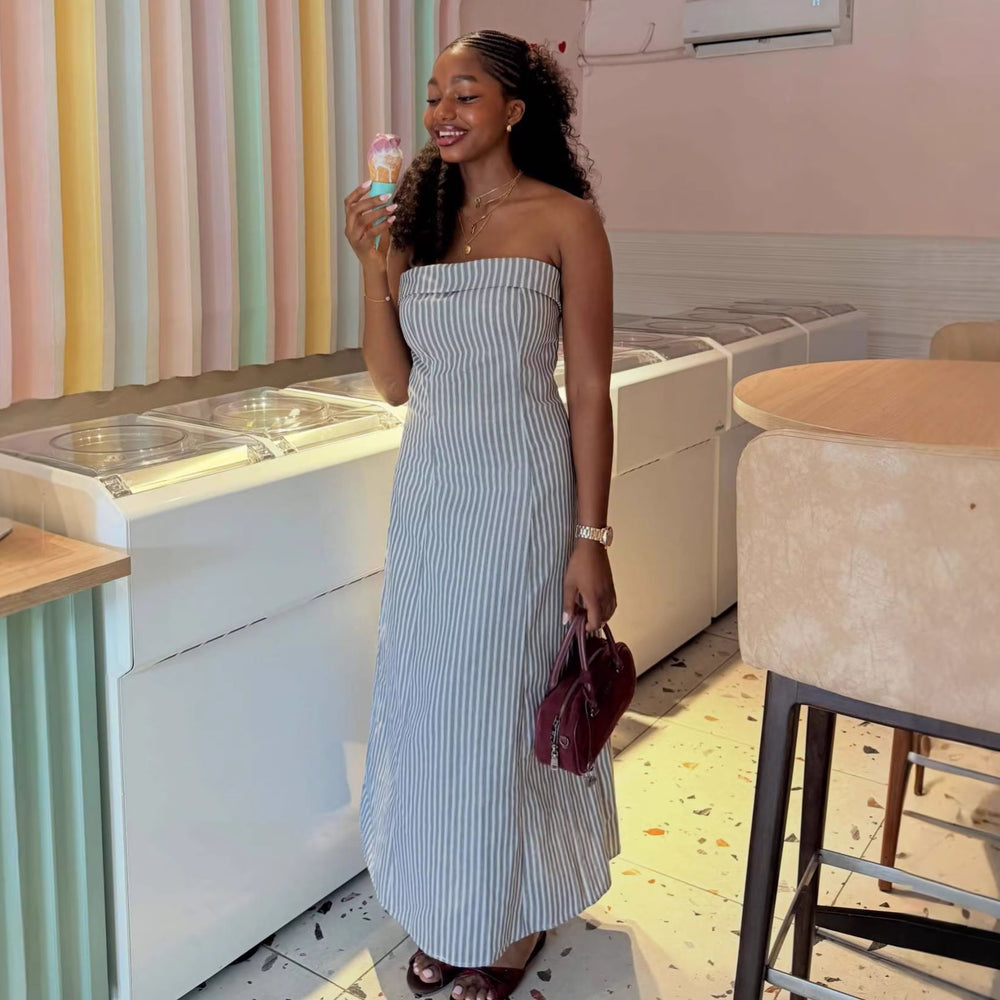 European and american cross-border women's clothing  summer new arrival: african-inspired bandeau striped slim-fit sleeveless maxi dress