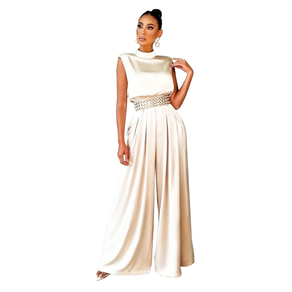 European and American  women's fashion wide-leg pants solid color turtleneck sleeveless waist jumpsuit small batch customization