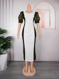 heavy industry hotfix rhinestone color block patchwork dress - african plus size women's elegant commute dress