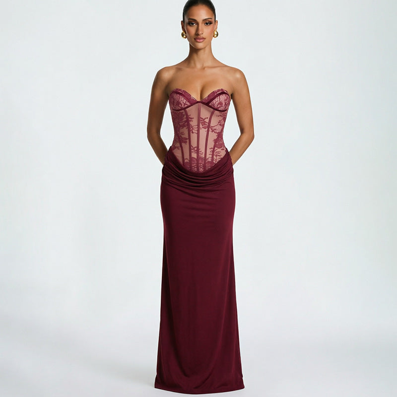 European and american style cross-border women's clothing  summer new arrival off-the-shoulder lace print ruched panel patchwork dress