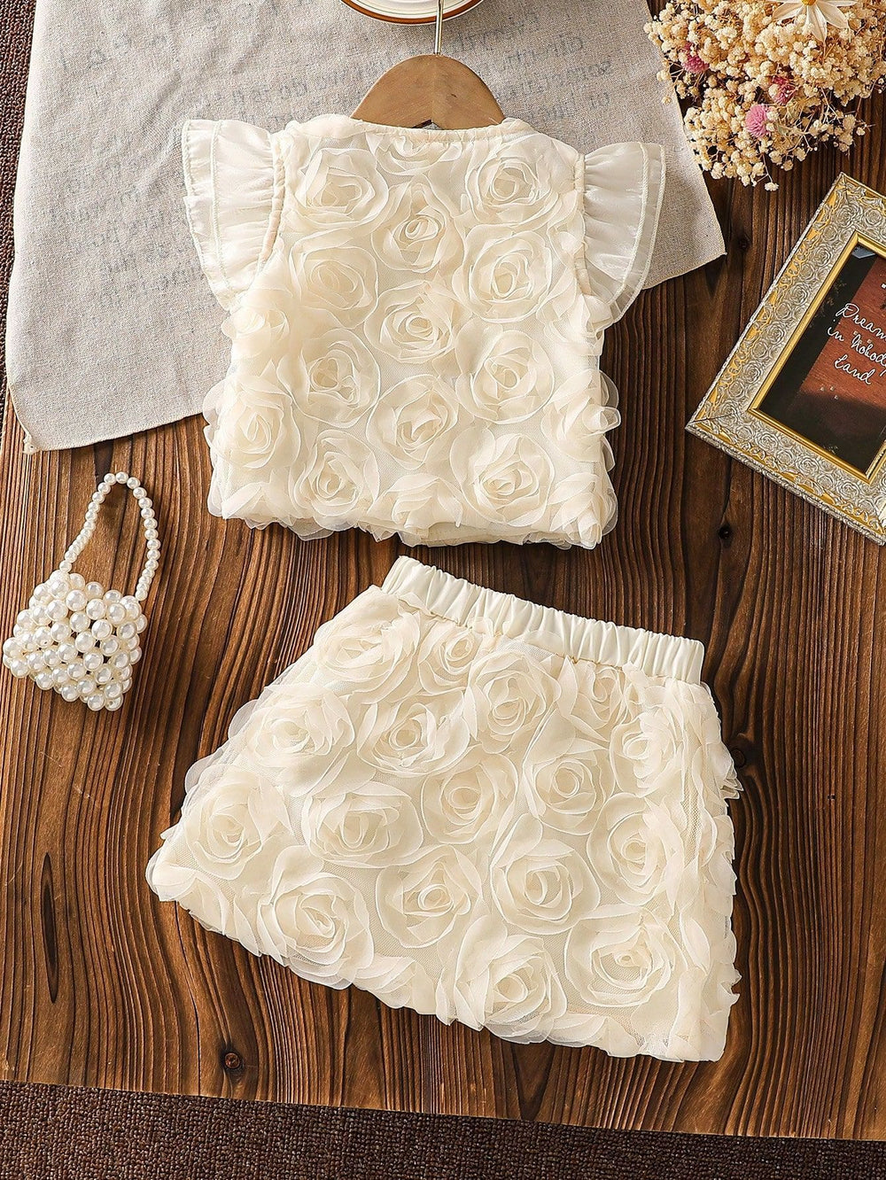 summer cross-border girls' french chic luxury rose floral design fashion two-piece skirt set