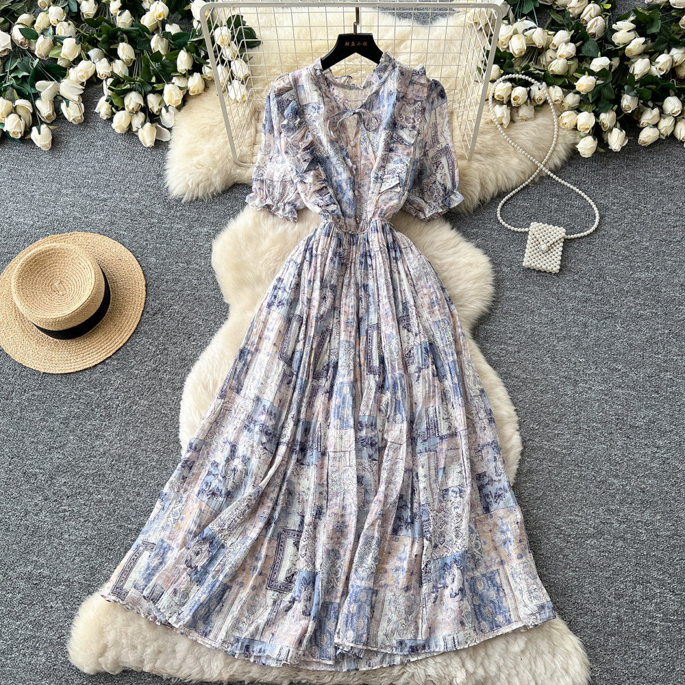 French romantic floral dress for women, summer , v-neck, puff sleeves, cinched waist, slimming, elegant maxi dress
