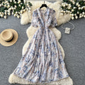 French romantic floral dress for women, summer , v-neck, puff sleeves, cinched waist, slimming, elegant maxi dress