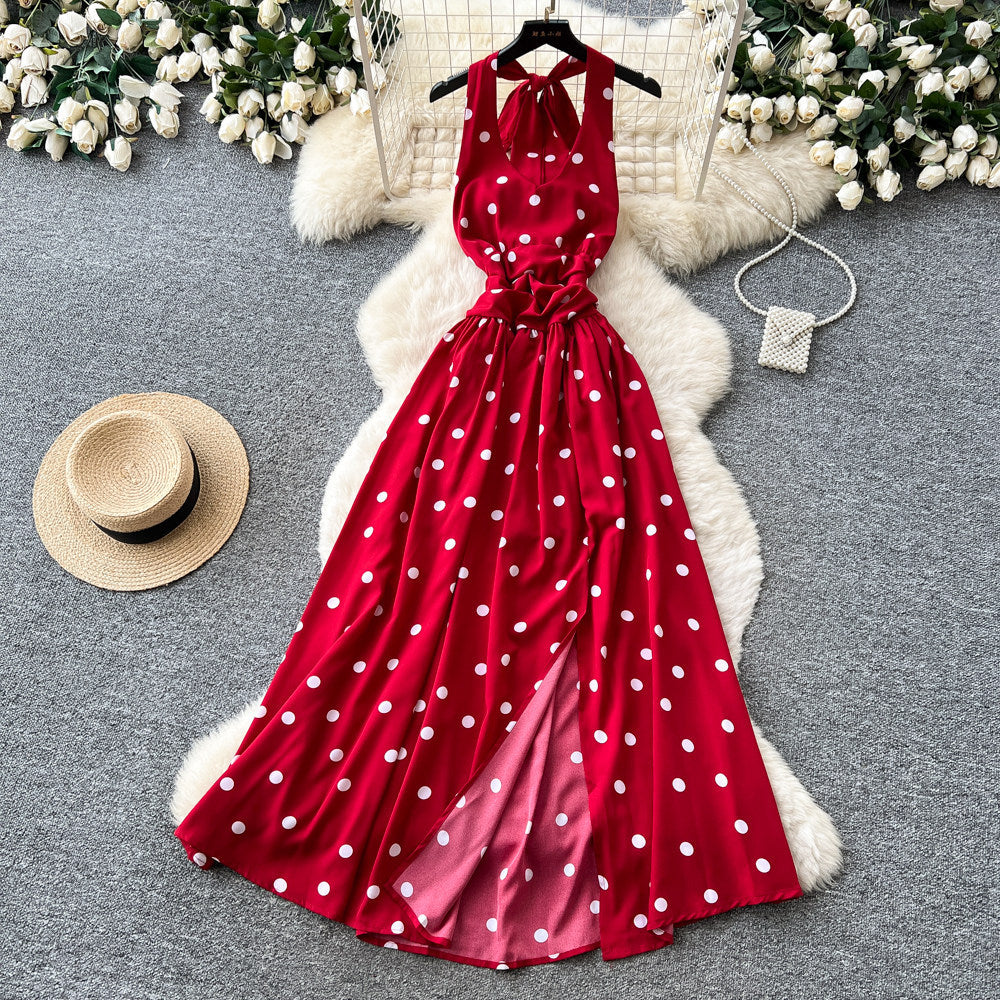 French halter sleeveless polka dot pure desire dress women's summer bowstie back backless waist slit large swing skirt