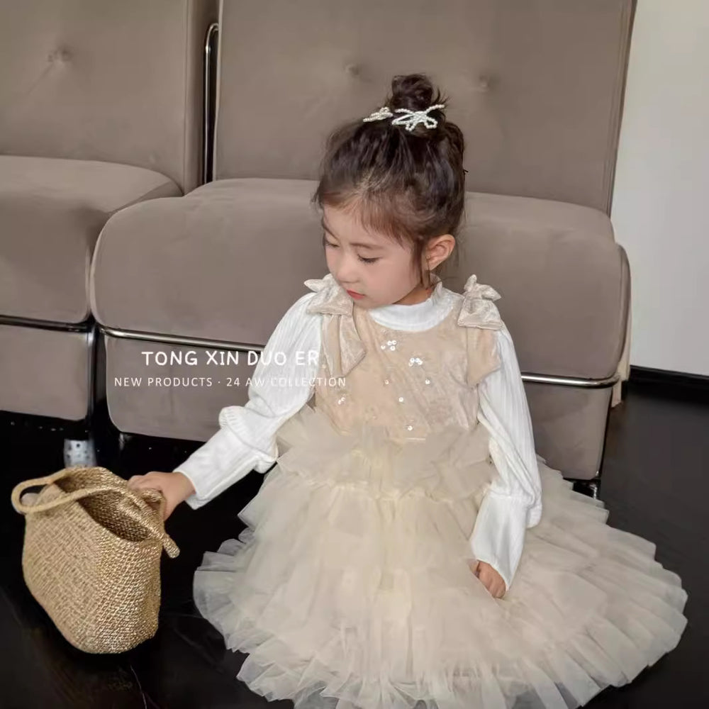 Girls' dress  autumn new arrival: ultra-fairy sequin embroidered children's tulle skirt two-piece princess dress - trendy style