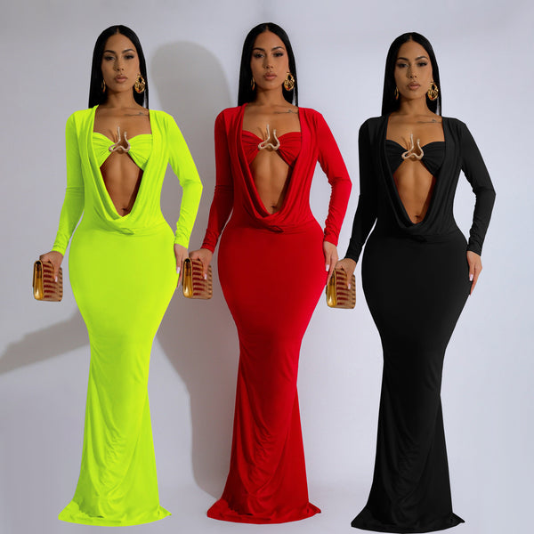 TW570 European and American  ins style temperament dress deep V neckline pendant pleated long sleeve sexy hip dress