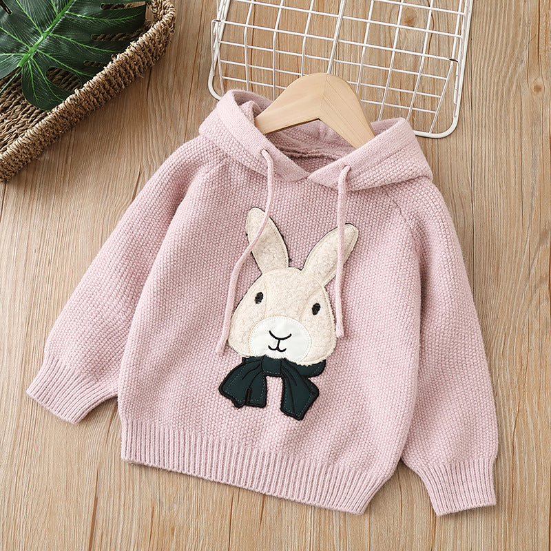 Girls' hooded sweater -  autumn/winter collection - rabbit design, versatile knit pullover, fleece-lined, thickened, pullover sweatshirt