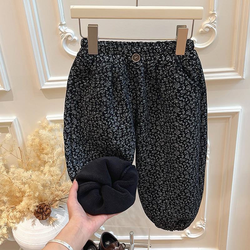Girls' fall/winter fleece-lined floral bloomer pants, korean style baby girl outerwear, casual chic long pants, trendy children's clothing