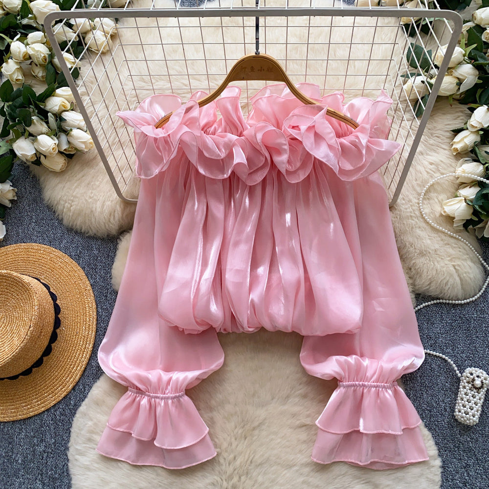 Sweet style one shoulder fungus chiffon shirt women's summerk-stylelong sleeveslooseslimming lookpinkeleganttops
