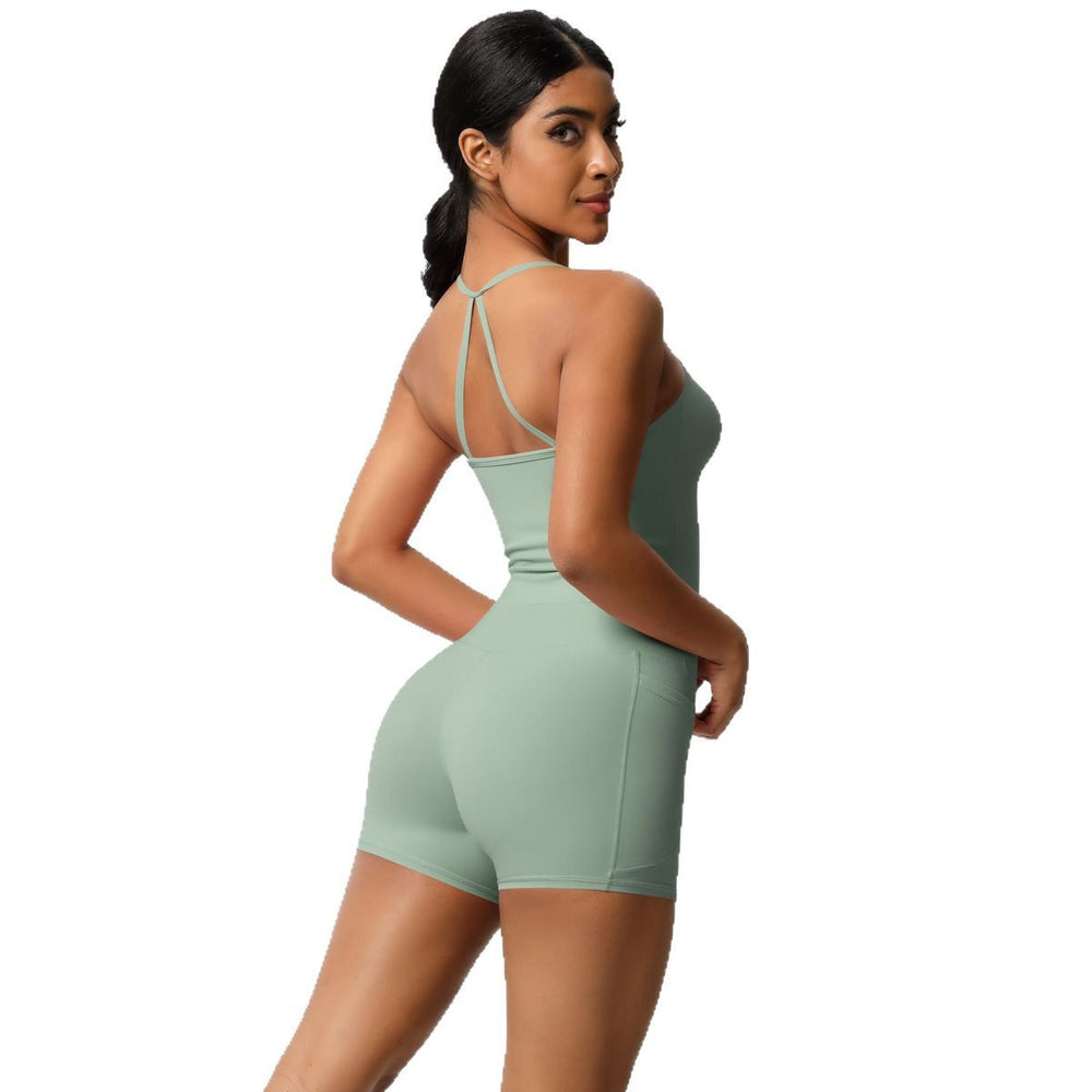 Cloud-feel, brushed, quick-dry yoga set: tank top with racerback, butt-lifting shorts, and pockets - perfect for running and fitness