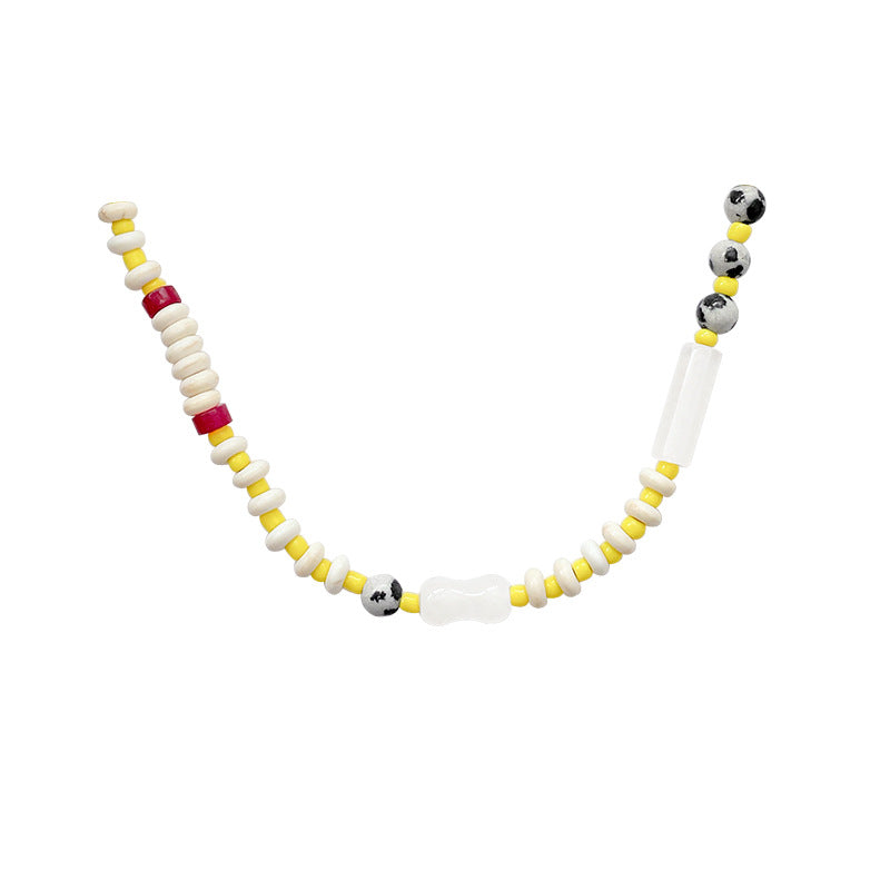 Dopamine colorful beaded necklace for women - summer fresh yellow, white, and beige seed bead smiley face choker - sweet & cool girly clavicle chain