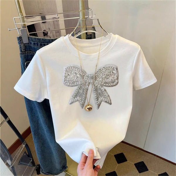 European and American summer new women's clothing   fashion casual commuting loose round neck bow printed T-shirt short