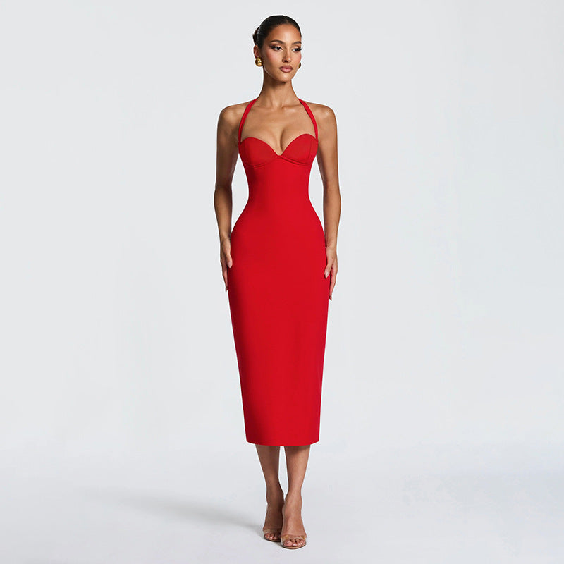 European and american women's clothing  spring/summer new solid color casual slim-fit sleeveless halter neck tie-up midi dress wholesale