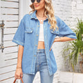 Wishfashion cross-border women's clothing trade  independent station new arrival denim single-breasted short-sleeved casual shirt for women