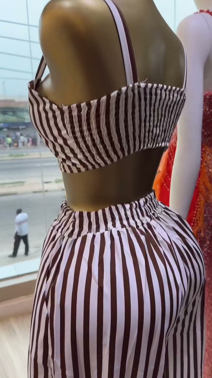 European and american cross-border women's fashion:  summer new collection - striped print long-sleeve shirt, camisole, and pants three-piece set