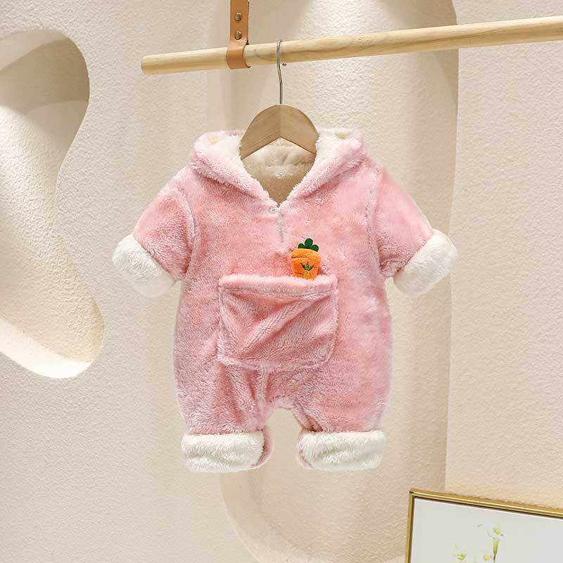 Autumn winter baby super cute k-stylefleece-lined hooded outing clothes newborn style flannel home crawling clothes