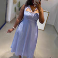 European and american cross-border women's fashion:  summer new arrival - sexy and elegant cutout blue striped high-waisted sleeveless dress