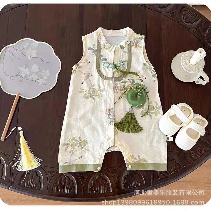 Summer chinese style romper for infants and toddlers - sleeveless, wide shoulder, newborn bodysuit - perfect for baby boys and girls, full month celebration, and crawling outfits