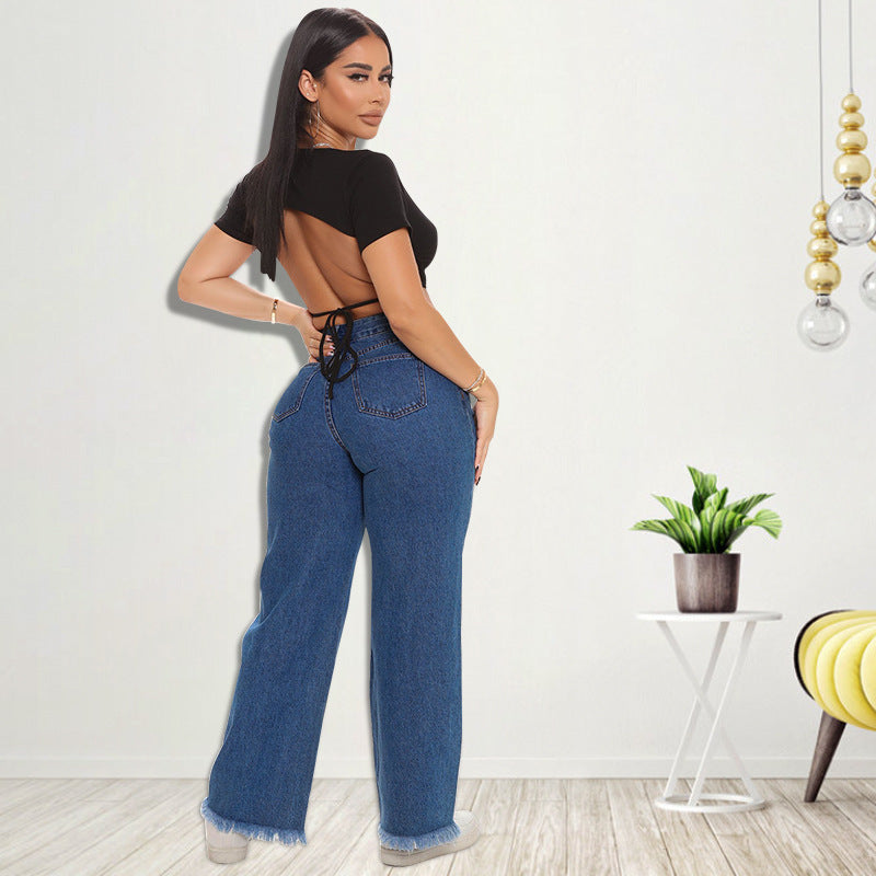 21828 european and american cross-border women's spring new embroidered washed sexy denim jeans  new plus size