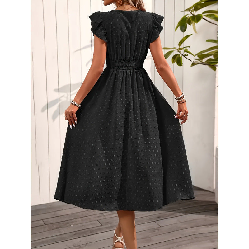 code new arrival  original women's eleganceelegantv neckpure color flying sleeve dress