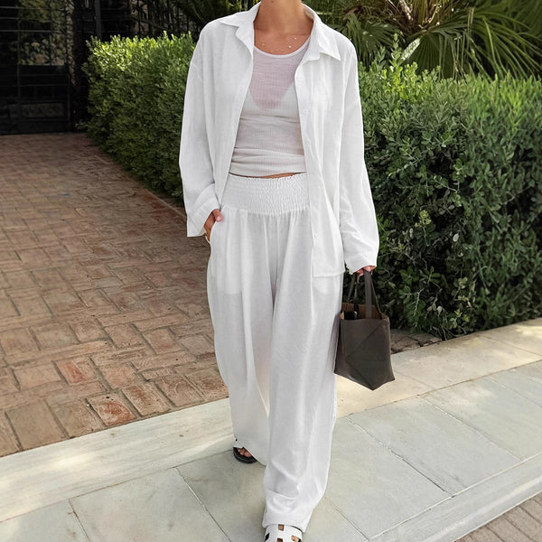 2025 autumn new European and American  long-sleeved lapel loose casual shirt and trousers two-piece set white suit women