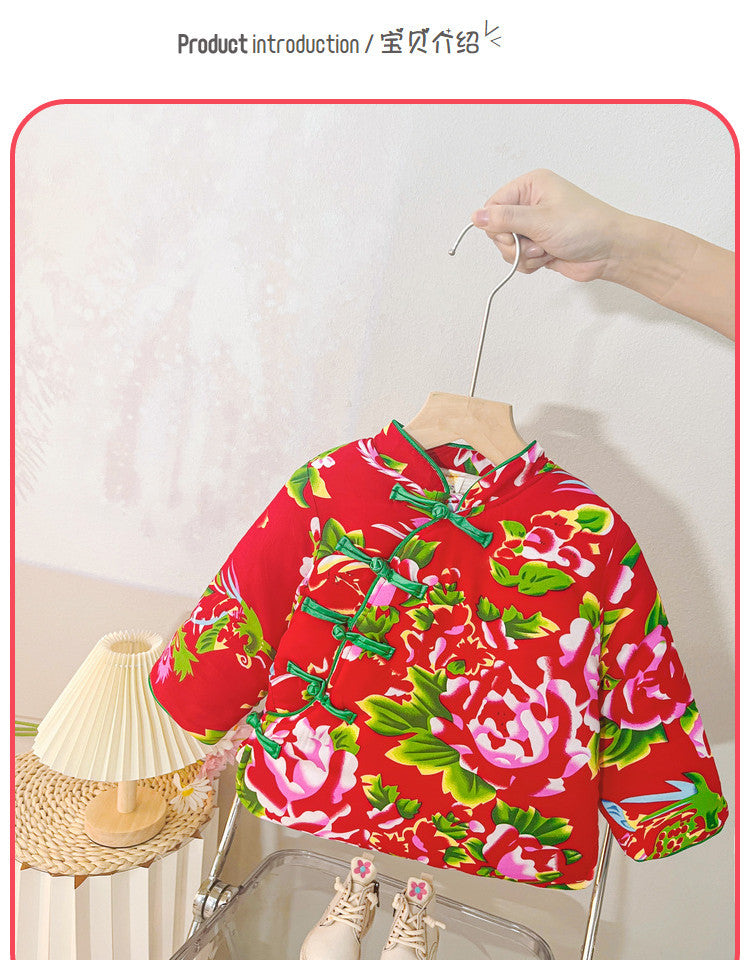 Winternew arrivalgirl floral cotton jacket baby printing floral fleece-linedthickened new year's greetings clothing for children and young children outwear cotton jacket