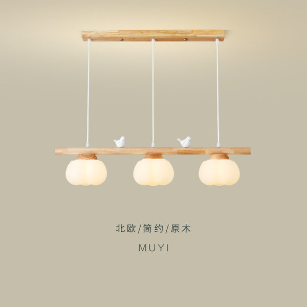 Restaurant chandelier Nordic log wind long table light full spectrum cream wind cotton bird Japanese solid wood chandelier