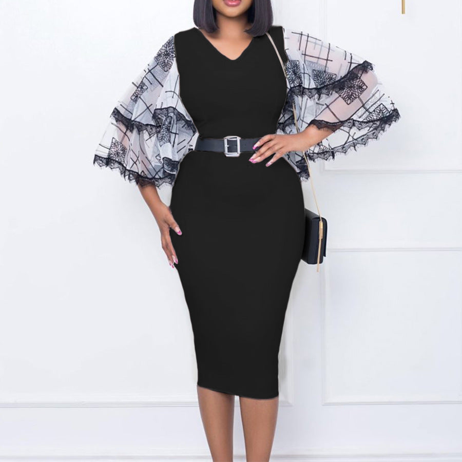 D301 cross-border women's fashion  new v-neck flared sleeve bodycon pencil skirt - office commute style, european & american dress