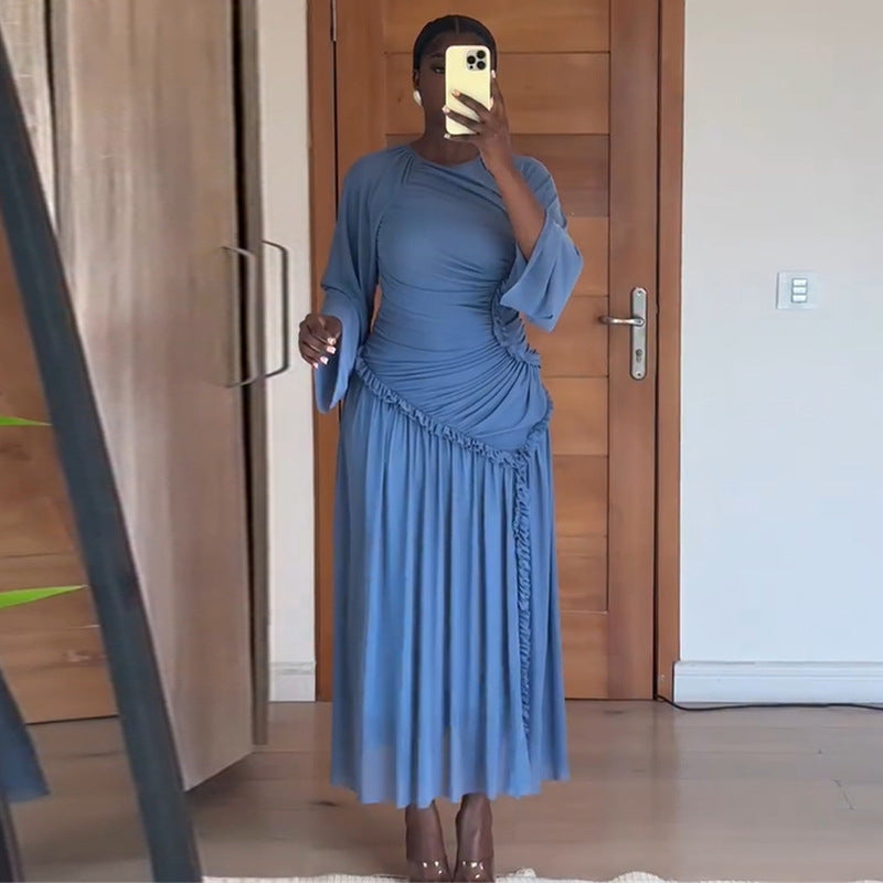 European and american women's clothing  autumn new sweet and fresh round neck long sleeve high waist slimming a-line maxi dress