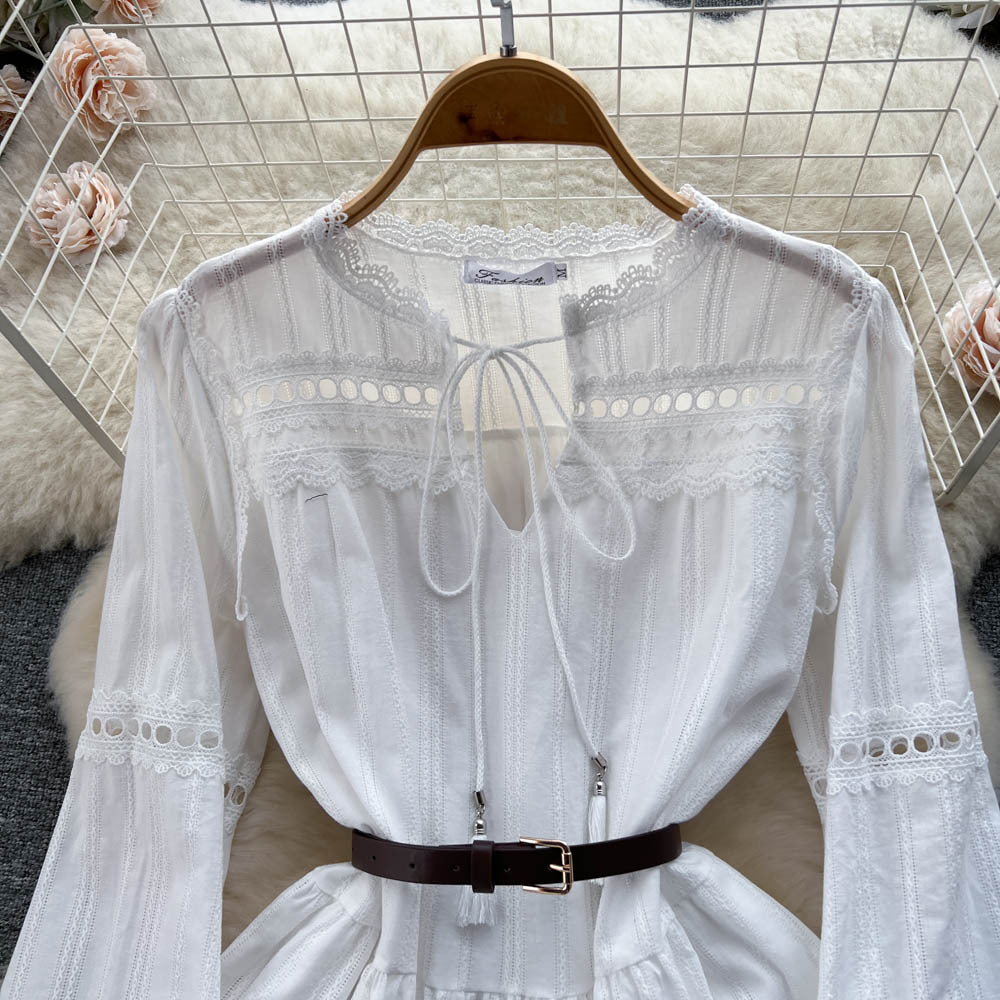 Spring lace cut out waist doll princess dress women's long sleeves whitedress women's niche style vacation style fairy dress