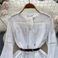 Spring lace cut out waist doll princess dress women's long sleeves whitedress women's niche style vacation style fairy dress