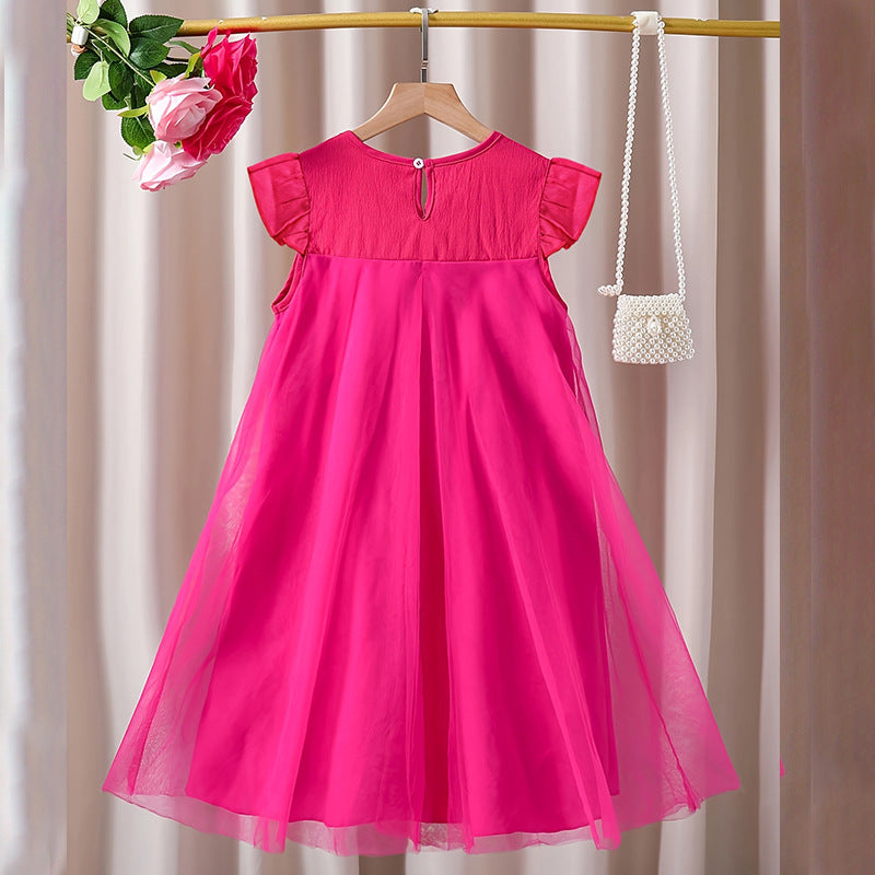 Pink girls' dress - mesh bowknot pleated princess dress - sleeveless a-line sundress for toddlers and young children