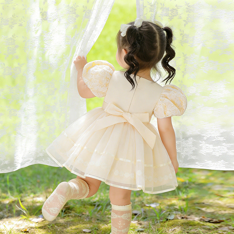 Girls' new birthday party & baby shower lace dress - baby's first birthday performance bow dress - cross-border wholesale