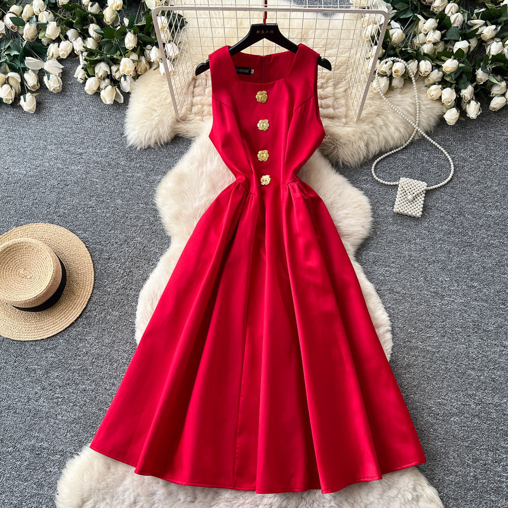French red sleeveless midi dress - summer collection: slimming a-line with cinched waist, exquisite metal buckle detail, effortlessly chic